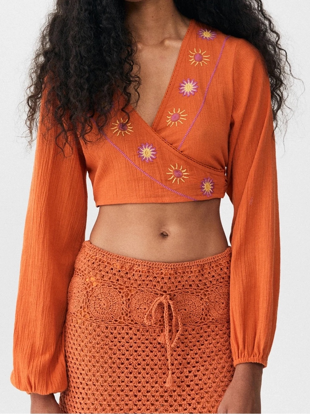 Pull&Bear Orange Embroidered Wrap Crop Top